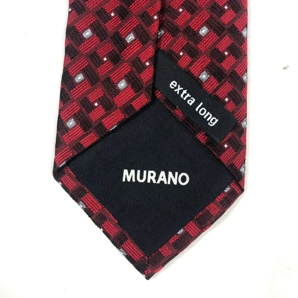 Murano EXTRA LONG Tie Red Black Geometric Pattern 100% Silk Dress Necktie 65 in